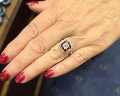 Alternative view of Diamond and Ruby Cluster Ring