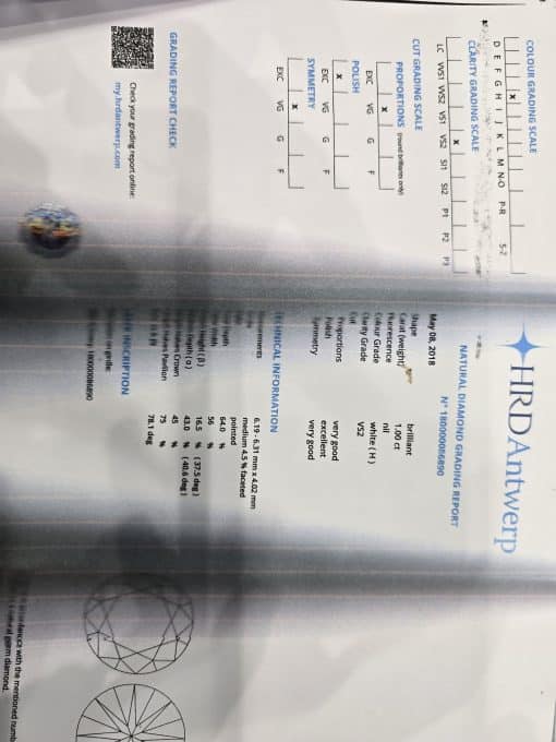 Diamond certificate for engagement ring at Weldons Jewellers, showcasing high-quality diamond gradin.