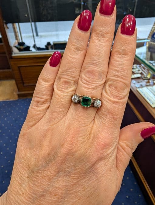 Georgian Emerald and diamond ring on hand
