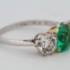 Colombian emerald and diamond three stone ring, side view