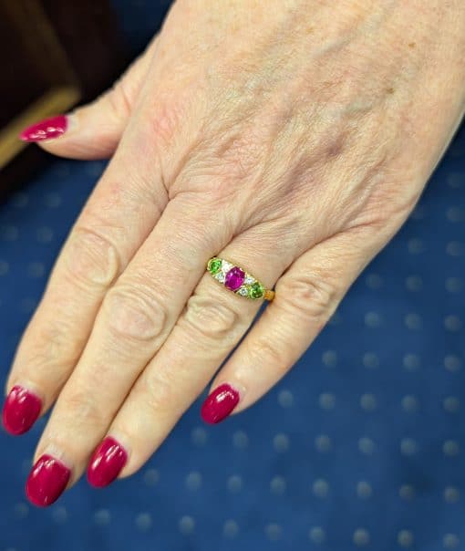 Ruby, Diamond and Demantoid Garnet Ring, view on hand