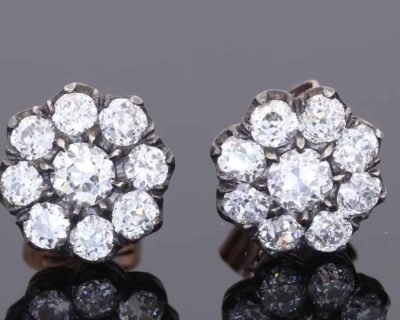 A superb pair of Victorian diamond cluster earrings, showcasing the opulent sparkle and intricate character associated with nineteenth-century jewellery. Together they contain approximately 3 carats of diamonds, creating a wonderfully substantial presence while retaining the elegant proportions of a classic Victorian cluster design.