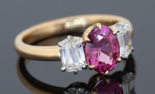 Pink sapphire and diamond three stone ring, main image