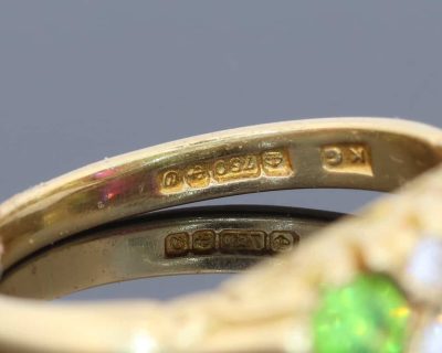 Ruby, Diamond and Demantoid Garnet Ring, hallmarks