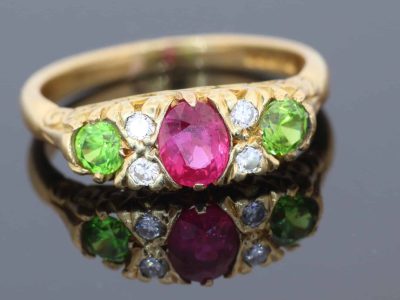 Ruby, Diamond and Demantoid Garnet Ring