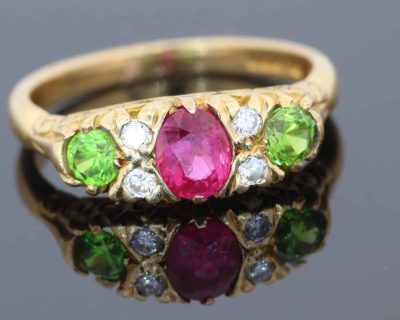 Ruby, Diamond and Demantoid Garnet Ring
