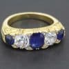 Dating to circa 1890, this rare antique sapphire and diamond five-stone ring is a beautiful example of late Victorian gemstone jewellery. The enduring combination of sapphires and diamonds brings together rich colour and brilliance in a timeless design.