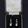 A superb pair of natural pearl and demantoid garnet drop earrings, presented in their original fitted case. The combination of natural pearls and vivid green demantoid garnets creates a particularly elegant and distinctive pairing, with the original case adding to their appeal and historical character.