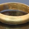 An extremely rare Tudor gold posy ring, engraved to the interior with the wonderfully intimate inscription “BE TRVE IN HART”, meaning “Be true in heart.” The ring was found by a metal detectorist in Shropshire in October 2024, adding a remarkable modern chapter to its long history. Posy rings were deeply personal jewels, traditionally engraved with short expressions of love, loyalty or devotion, and this inscription is particularly evocative in its simplicity. Examples bearing this distinctive Gothic-style lettering tend to date to around 1600, placing this ring at a fascinating point between the Tudor and early Stuart periods. Comparable examples can be found in the collections of both the British Museum and the Victoria and Albert Museum.