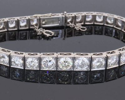 A magnificent antique Edwardian diamond line bracelet, dating to circa 1910 and exemplifying the refined elegance of early 20th-century diamond jewellery. The bracelet is set with an impressive ten carats of Old European-cut diamonds, creating an exceptionally rich and continuous line of diamond. The use of Old European-cut stones gives the bracelet a wonderfully romantic character, with the broad, lively facets producing the distinctive scintillation associated with diamonds of the period.